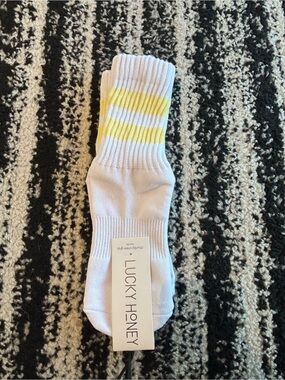 Lucky Honey White Crew Grip Socks with Yellow Stripes